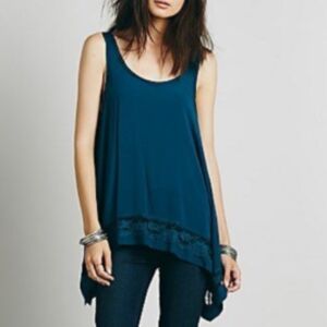 Free People Shark Bite Hi Lo Lace Tank Tunic Oversized Small Blue Green